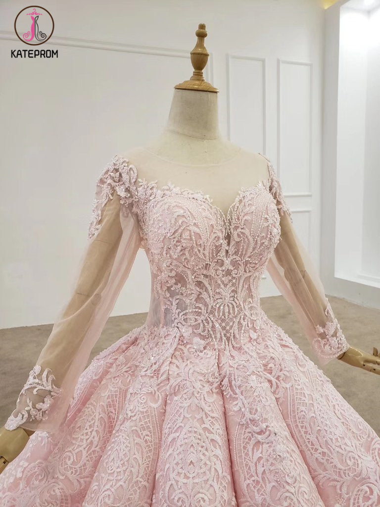 Ball Gown Long Sleeves Lace Prom Dress, Gorgeous Wedding Dress, Quinceanera Dress KPP1285