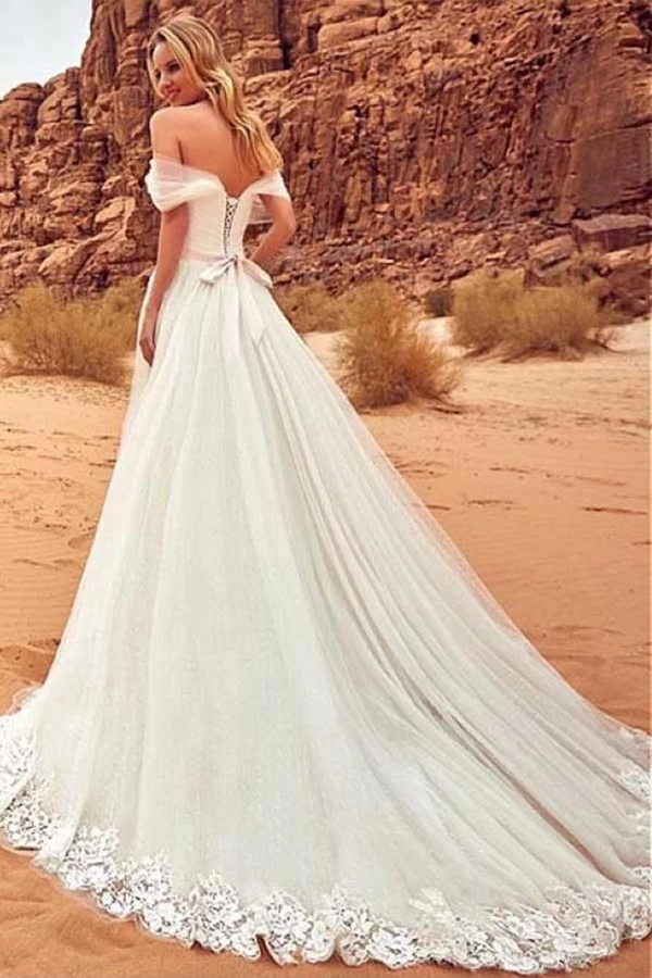 Charming Off The Shoulder Tulle Long Beach Wedding Dress, Bridal Gown for Sale KPW0689