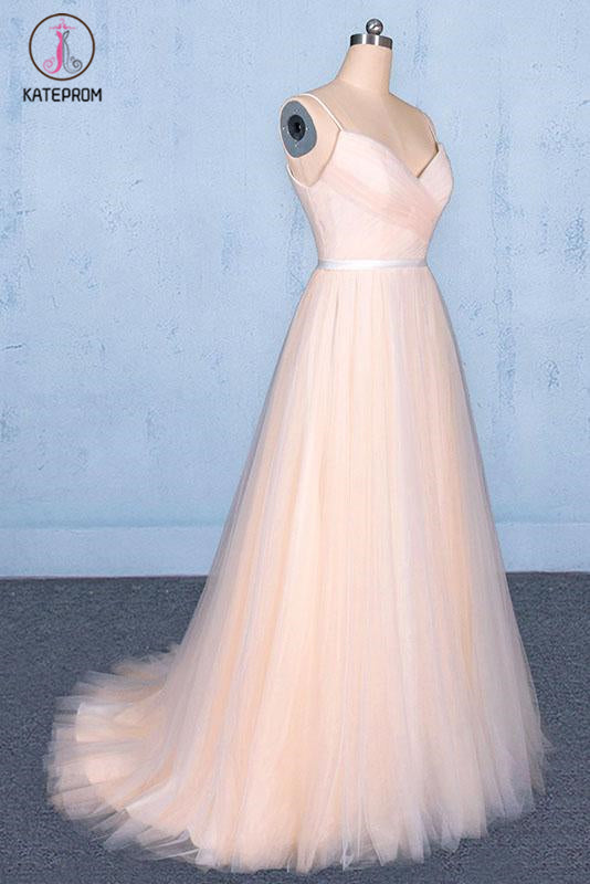 Peach V Neck Sleeveless Tulle A Line Prom Dresses, Straps Tulle Evening Dress KPP1083