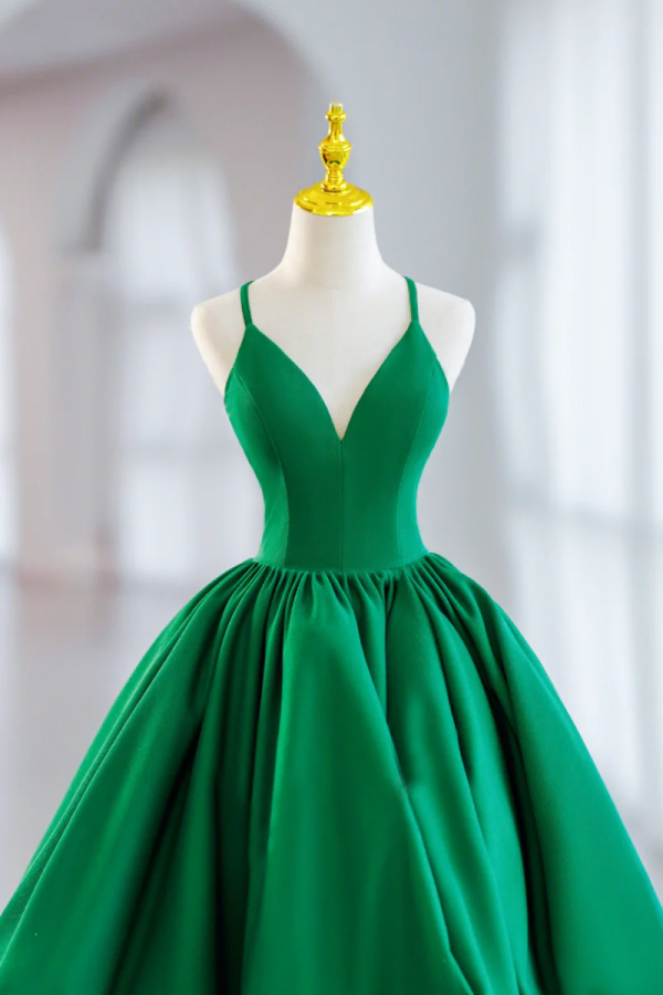 Green Satin Short A Line Prom Dress, Green V Neck Party Dress KPH0712