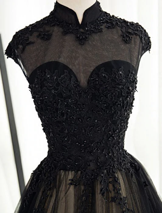 Chic A line High Neck Black Tulle Floor Length Modest Prom Dress Evening Dress KPP1546