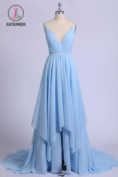 Sky Blue V Neck Prom Dresses, Sexy Backless Spaghetti Straps Pleated Long Formal Dress KPP0959