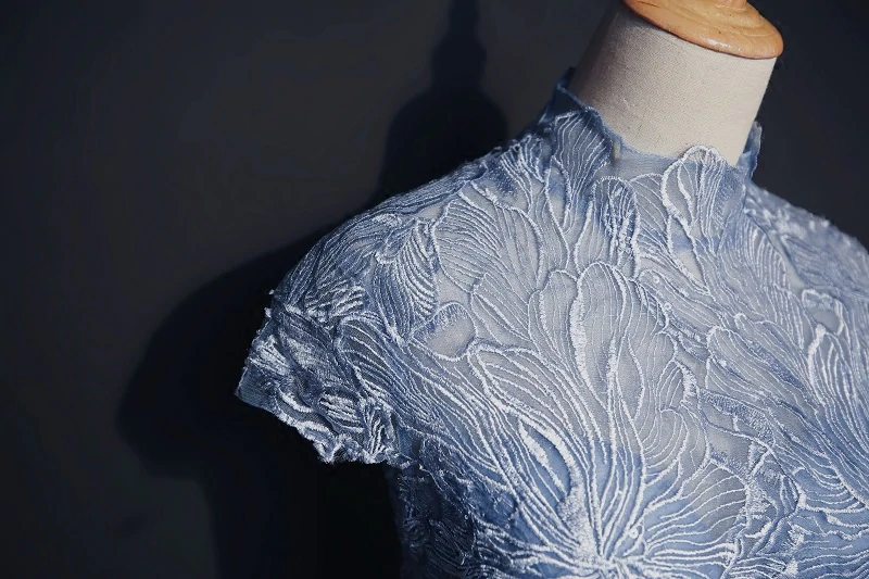 Chic High Neck Prom Dress Blue Short Sleeve Long Prom Dress Evening Dress KPP1535