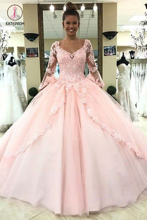 Puffy Long Sleeve Prom Dress with Lace, Pink Tulle Long Quinceanera Dresses KPP0659