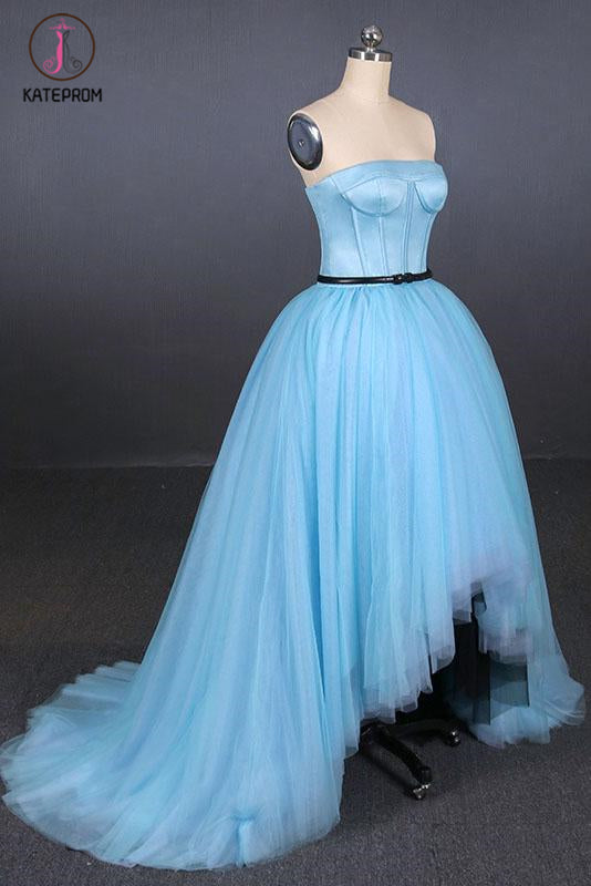 Light Blue High Low Strapless Tulle Prom Dresses, Hi-Lo Tulle Evening Dresses KPP1094