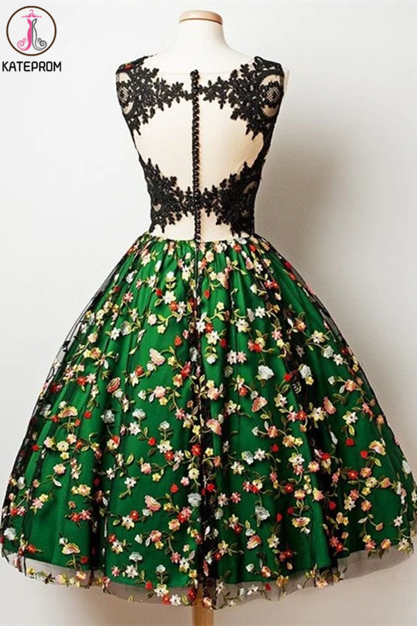 A-Line V-Neck Knee Length Sleeveless Dark Green Lace Homecoming Dress with Appliques KPH0544