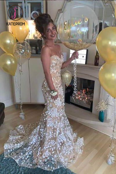 Mermaid Lace Formal Dress with Train, Sexy Sweetheart Lace Prom Dresses KPP0953