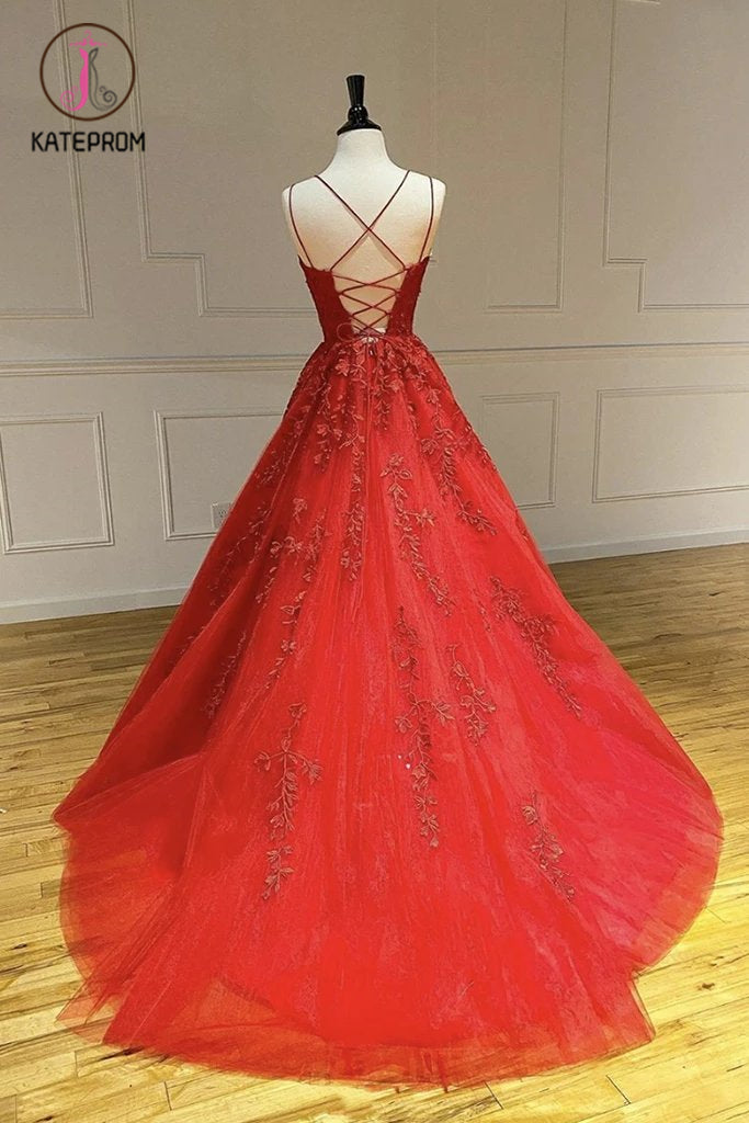 Hot Selling Red Tulle Prom Dress with Lace Appliques, A Line Long Party Dress with Lace KPP1249