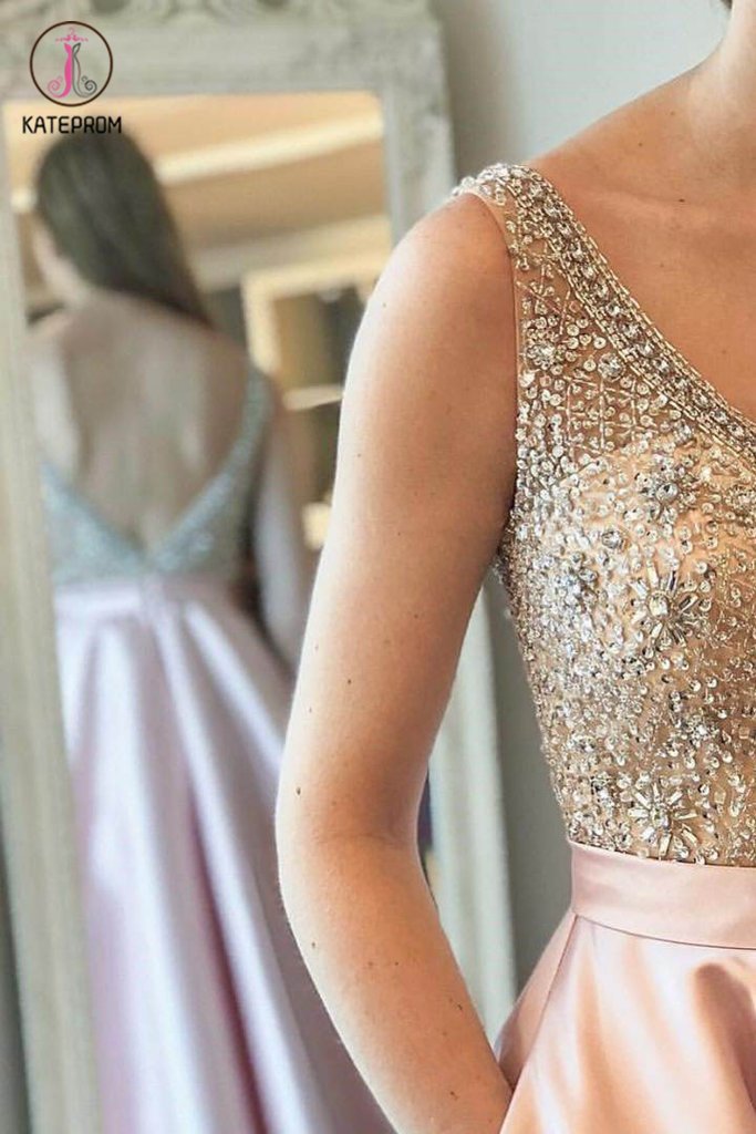 Sparkly Satin Pink Beaded Long Prom Dress With Open Back KPP1131