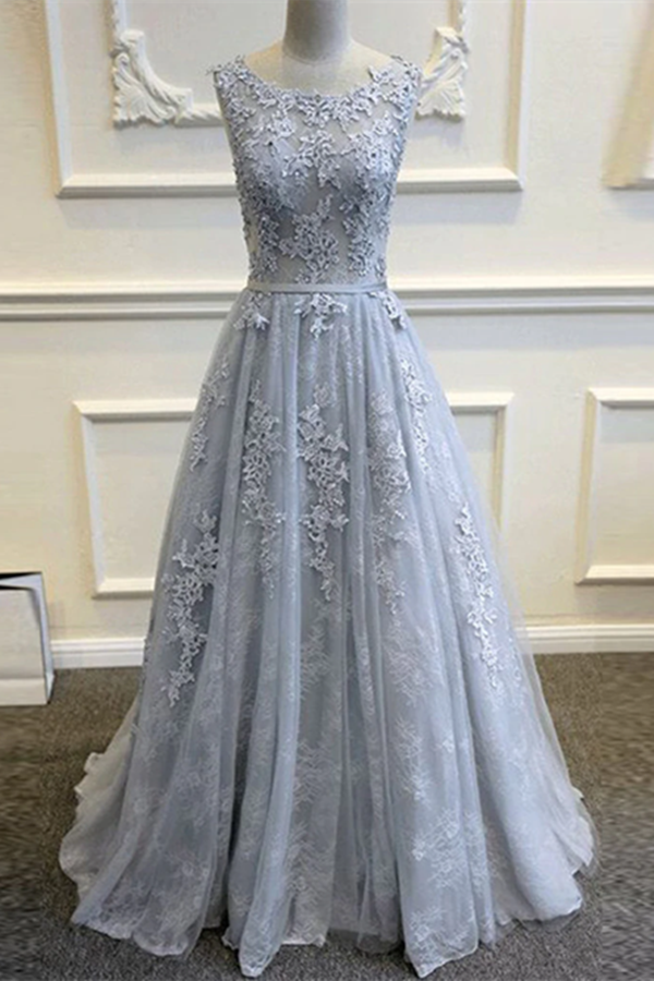Chic A Line Prom Dress Silver Scoop Lace Prom Dresses Evening Dress KPP1516