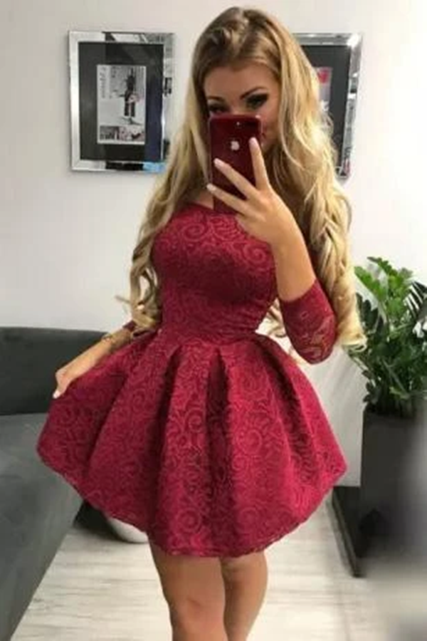 Cute Off the Shoulder Long Sleeves Burgundy Lace Homecoming Dresses Sweet 16 Dresses KPH0572