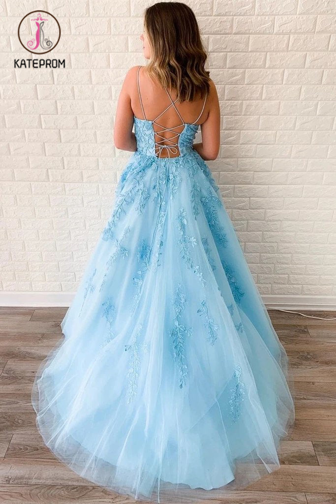 A Line Sky Blue Lace Backless Long Prom Dresses, Backless Sky Blue Lace Formal Dresses KPP1215