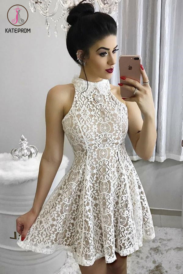 A Line High Neck Lace Homecoming Dress, Ivory Sleeveless Ruched Short Sweet 16 Dress KPH0372