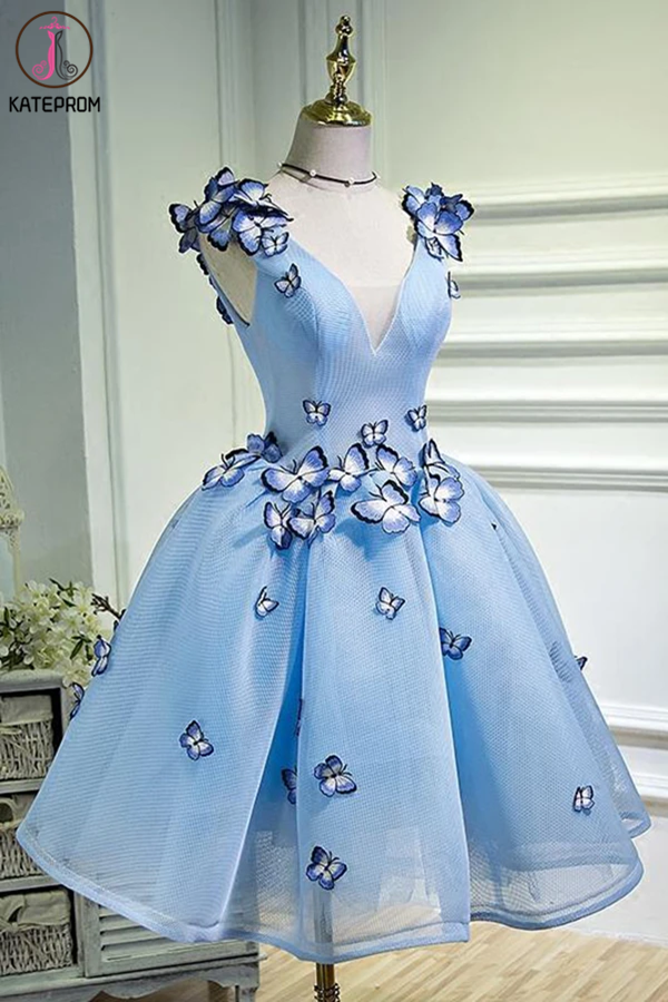 Sky Blue A Line Flowers V Neck Sleeveless Junior Prom Dress, Homecoming Dress KPH0535