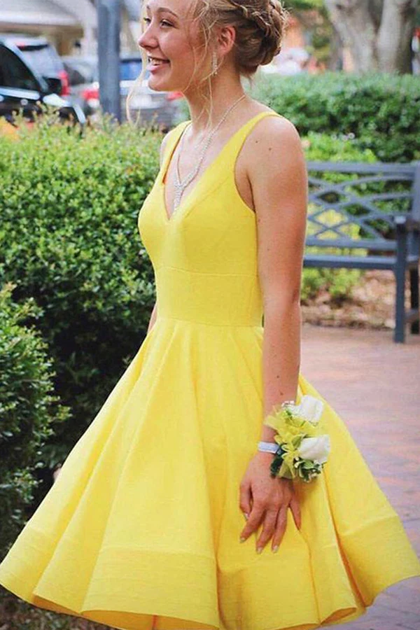 A Line V Neck Short Yellow Prom Dresses Satin Homecoming Dresses KPH0652