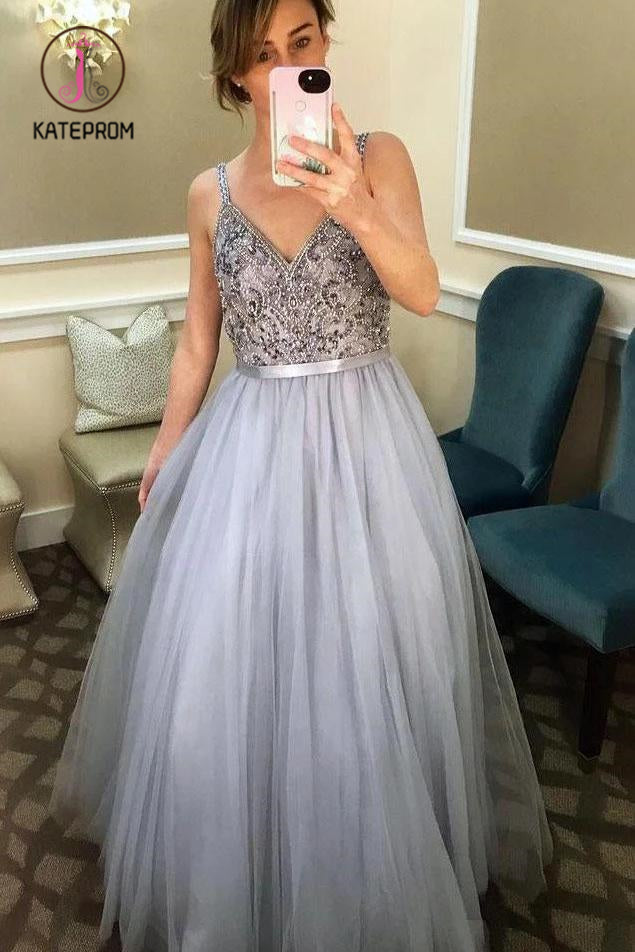 Straps V Neck Tulle Dress for Prom Dresses, Beading Long Formal Dresses KPP0977