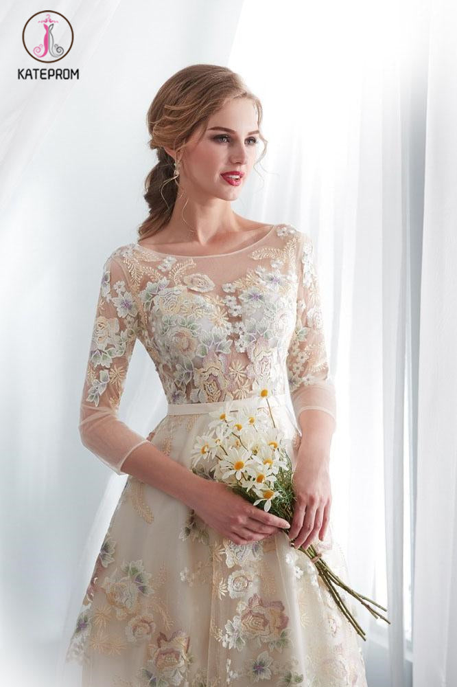 A Line Floor Length Floral Prom Dresses 3/4 Sleeves A-line Empire Waist Long Evening Gowns KPP1055