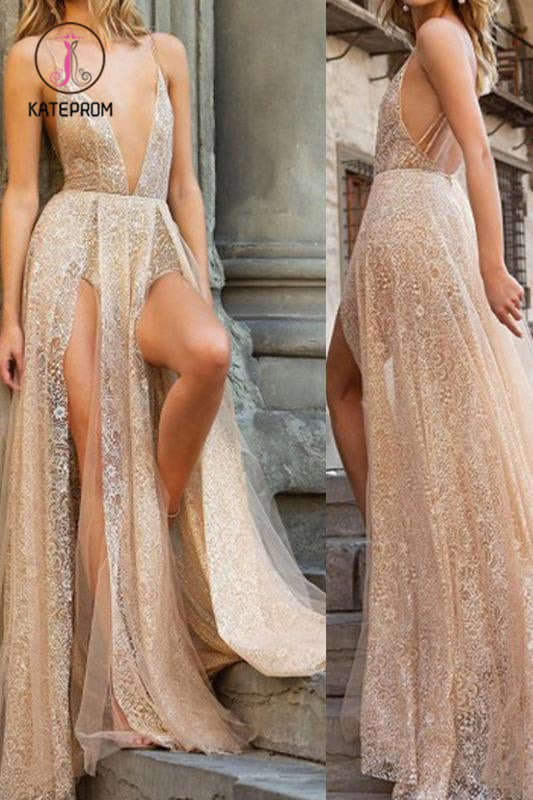 Sexy Deep V Neck Tulle Lace Prom Dress Spaghetti Straps Side Slit Backless Evening Dresses KPP1039