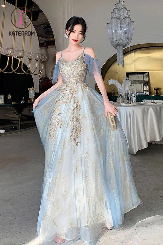 Unique V Neck Long Tulle Party Dress with Lace, Sexy Sleeveless Long Prom Gown KPP1005