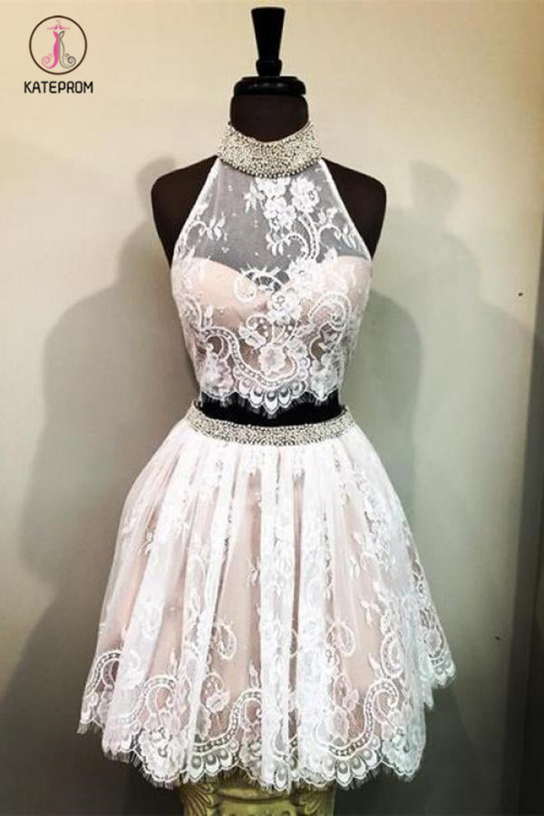 Lace High Neck Sleeveless Homecoming Dress with Beads, Two Piece Lace Short Prom Dress KPH0329