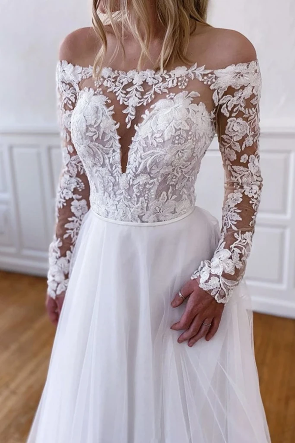 Elegant Long Sleeves White Lace Wedding Dress, White Lace Long Prom Dress, White Formal Evening Dress KPW0687