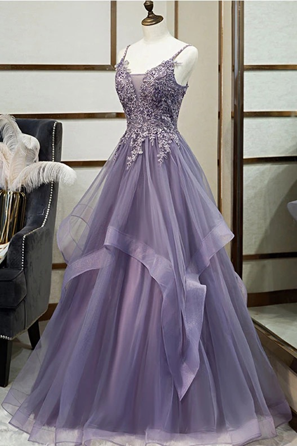 A line V neck Purple Tulle Spaghetti Straps Prom Dress With Lace Appliques KPP1372