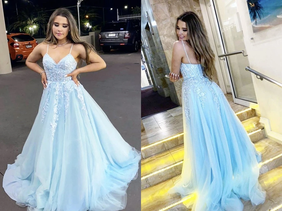 A Line V Neck Light Blue Lace Appliques Long Prom Dress, Spaghrtti Straps Formal Evening Dress KPP1451