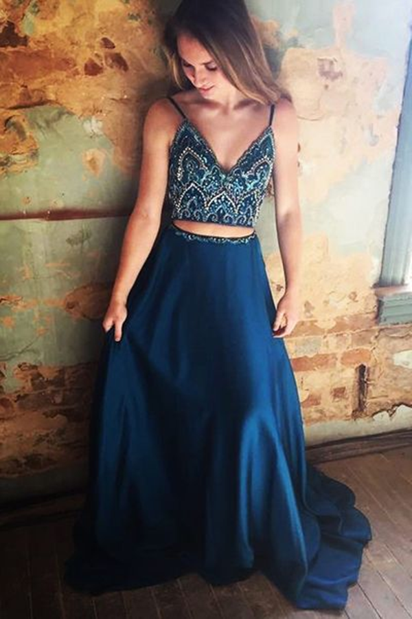A line Spaghetti Strap Floor Length Satin Two Piece Prom Dresses KPP1570