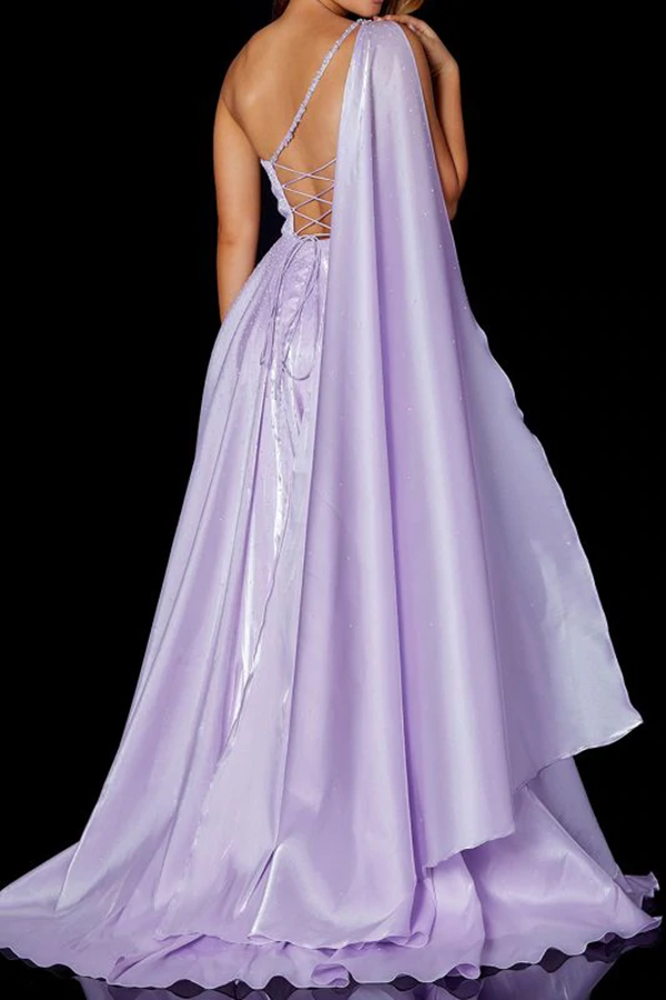 A Line One Shoulder Satin Split Front Floor Length Prom Dress KPP1517