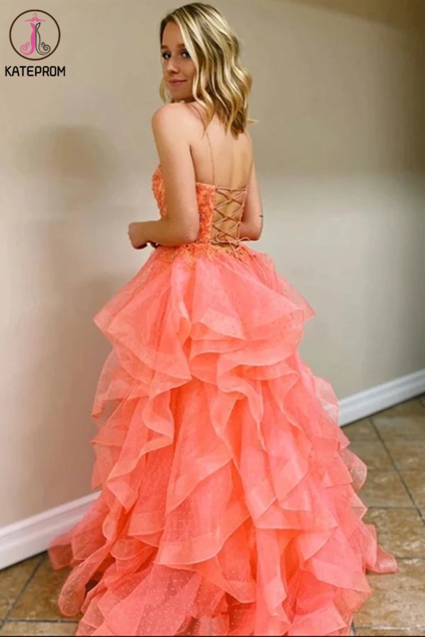 Coral Backless Tulle Beaded Long Prom Gowns, Spaghetti Straps Layers Prom Dress KPP1327