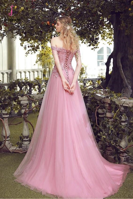 Pink Off the Shoulder Tulle Prom Dress with Lace Appliques, Long Evening Dresses KPP1309