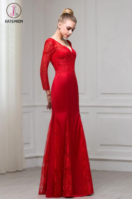 Red Long Sleeves V Neck Mermaid Floor Length Evening Dress with Lace KPP1084