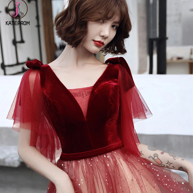 Red V Neck Short Sleeves Tulle Sparkly Prom Dress, Homecoming Dresses KPP1291