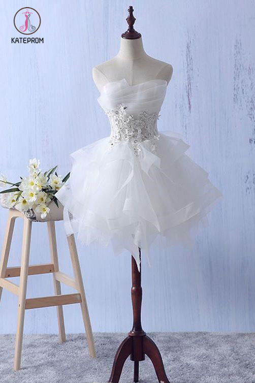 Ivory Mini Ruffles Strapless Short Homecoming Dress,Lace Appliques Graduation Dress KPH0294