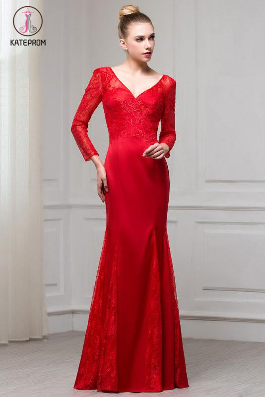 Red Long Sleeves V Neck Mermaid Floor Length Evening Dress with Lace KPP1084