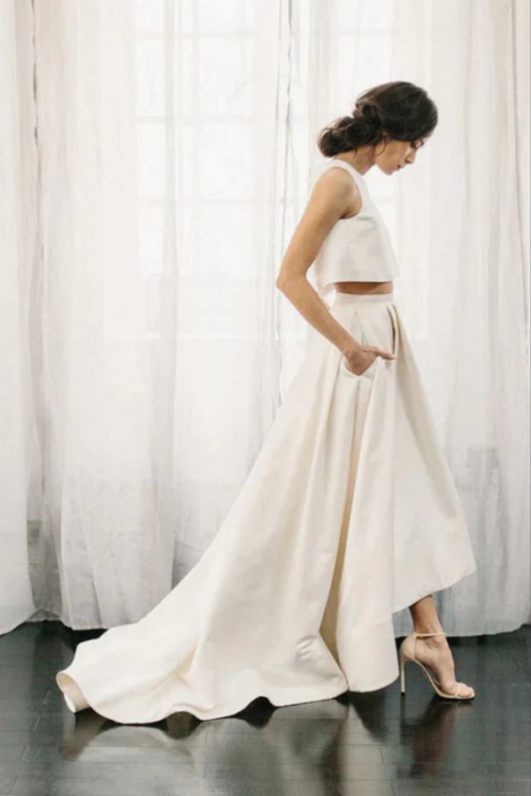 Simple Ivory Satin Two Pieces A Line Beach Wedding Dresses, Bridal Gown KPW0719