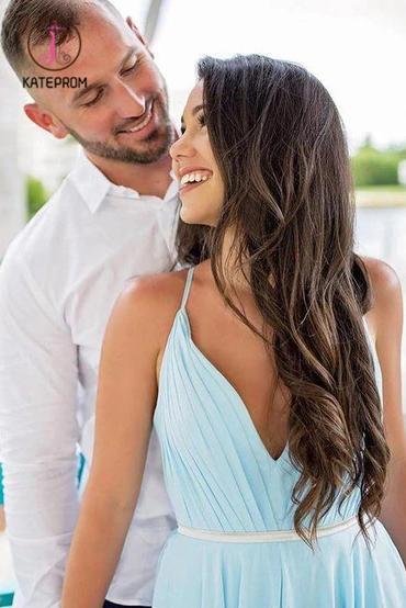 Sky Blue V Neck Prom Dresses, Sexy Backless Spaghetti Straps Pleated Long Formal Dress KPP0959