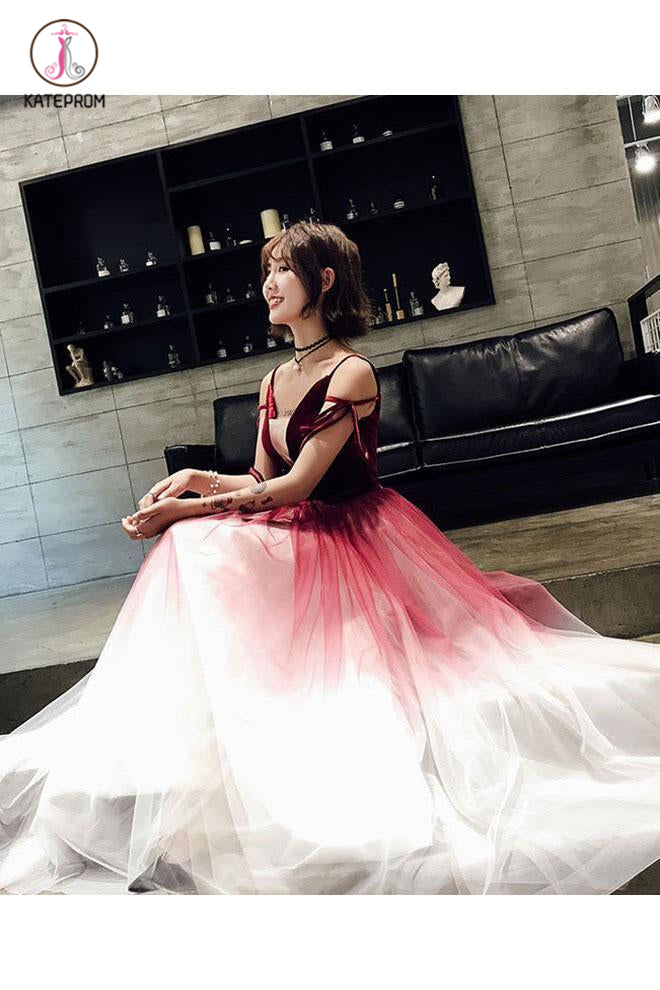 Ombre Long Tulle Prom Dress, Unique V Neck Sleeveless Party Dresses, Dance Dress KPP0827