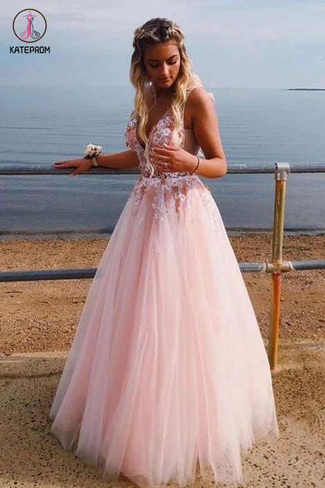 A Line Deep V Neck Sleeveless Tulle Prom Dress with Appliques, Floor Length Party Dresses KPP1305