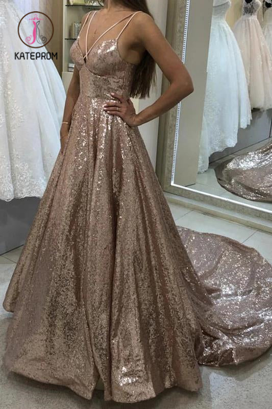 Shiny Puffy Sleeveless Sequined Court Train Prom Dress, Sparkly Sequin Evening Dresses KPP1049