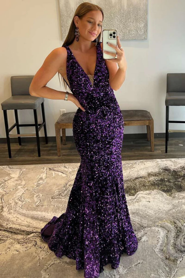 Charming Mermaid Deep V Neck Purple Sequins Long Prom Dresses KPP1741