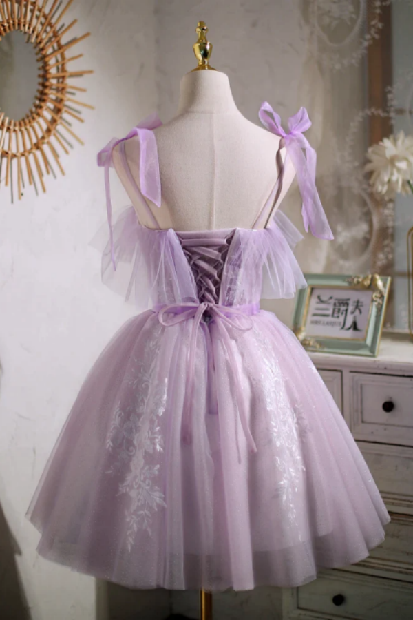 Sweet Purple A line Short Prom Dress Homecoming Dress with Ribbon KPH0643