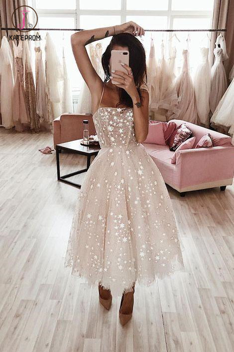 Ivory Spaghetti Strap Tea Length Starry Tulle Homecoming Dress, Midi Prom Dresses KPP1099