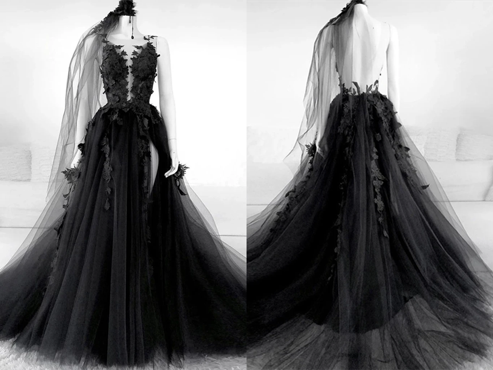 Elegant Backless Black Tulle Wedding Dresses With Appliques Modest Prom Dress KPW0690