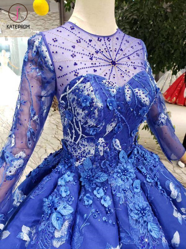 Blue Ball Gown Floral Prom Dress with Long Sleeves, Appliqued Long Quinceanera Dress KPP0851