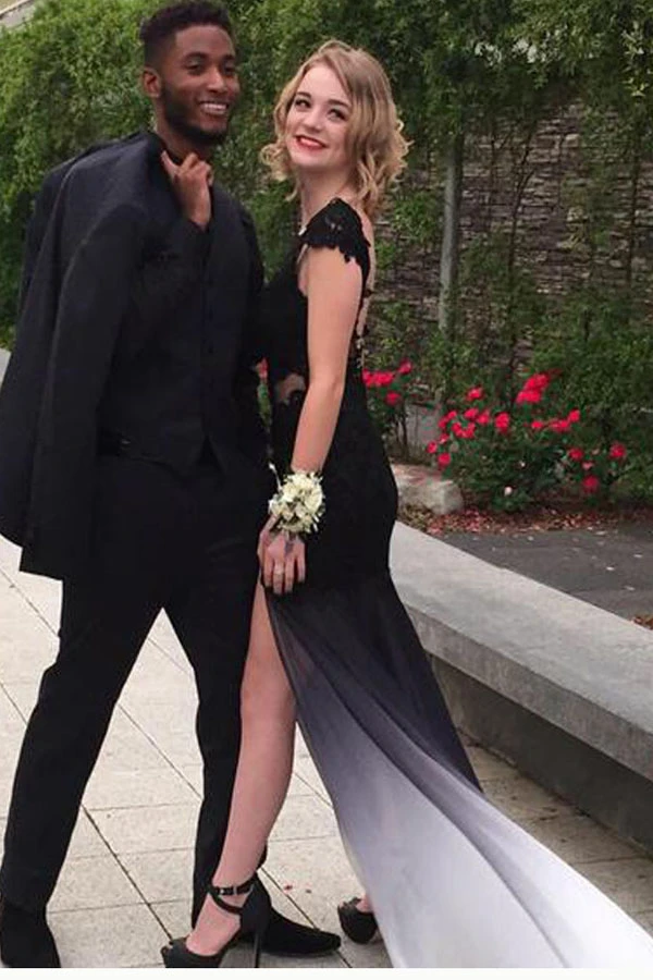 Ombre Trumpet Court Train Capeed Sleeve Appliques Side Slit Prom Dress, Formal Dress KPP1478