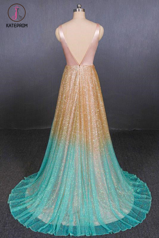 Ombre Deep V Neck Sleeveless A Line Prom Dress, Ombre Backless Shiny Evening Dress KPP1088