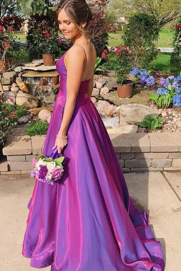 A Line Grape Spaghetti Straps Satin V Neck Long Prom Dresses Backless Evening Dresses KPP1608