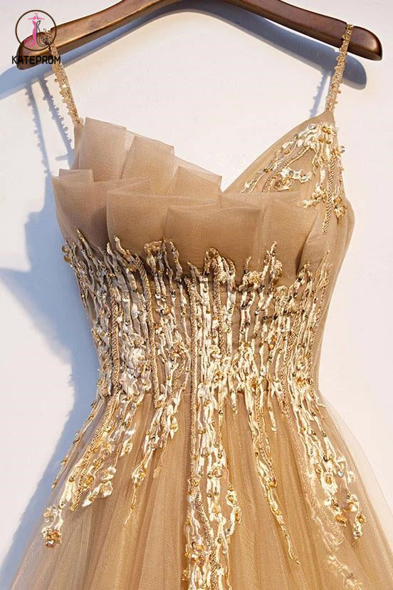 Spaghetti Straps Sleeveless Tulle Prom Dresses, Floor Length Lace Applique Party Dress KPP1274