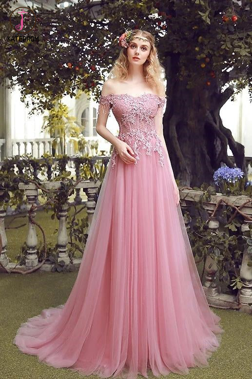 Pink Off the Shoulder Tulle Prom Dress with Lace Appliques, Long Evening Dresses KPP1309